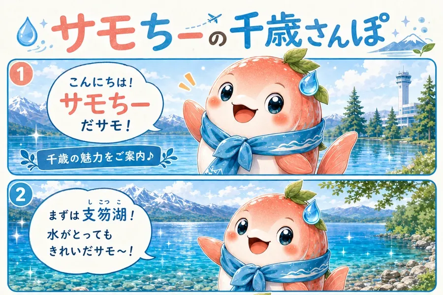 4コマ漫画「サモちーの千歳さんぽ」の1・2コマ目